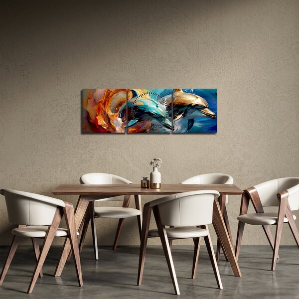 Obraz - Maľba delfínov (s hodinami) (90x30 cm)