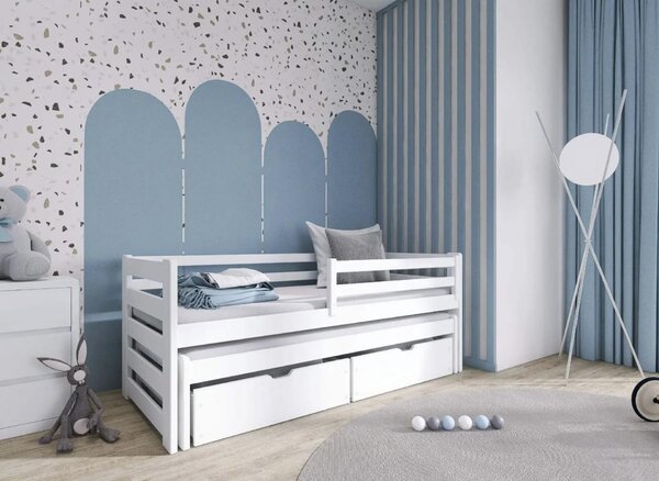 MAXMAX Detská posteľ z masívu borovice SANDRA s prístelkou a zásuvkami - 200x90 cm - BIELA