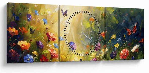Obraz - Jarná kvetinová lúka, maľba (s hodinami) (90x30 cm)
