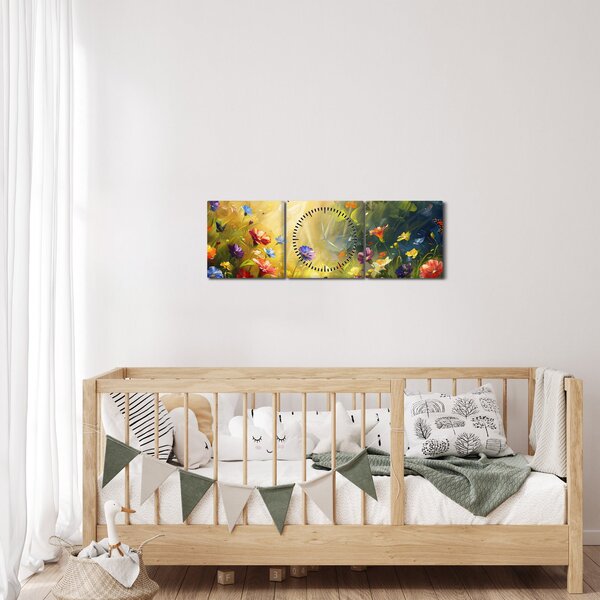 Obraz - Jarná kvetinová lúka, maľba (s hodinami) (90x30 cm)