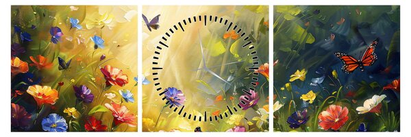 Obraz - Jarná kvetinová lúka, maľba (s hodinami) (90x30 cm)