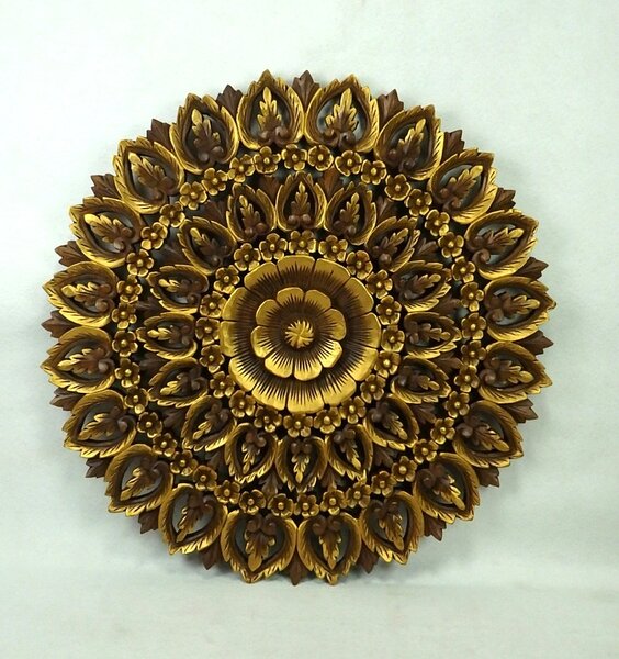 Dekorácia na stenu Mandala ELANOR, zlatá, teakové drevo, 90 cm (Masterpiece ručná práca)