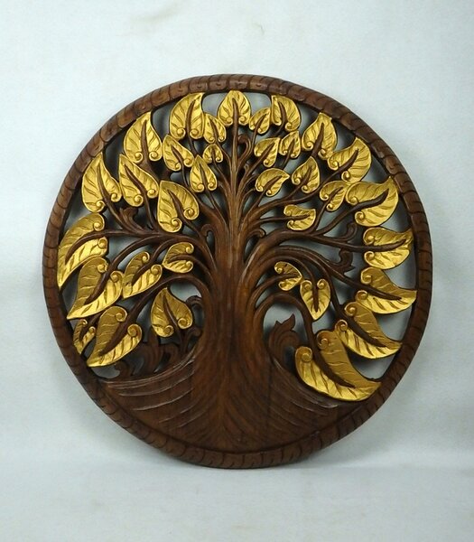 Dekorácia na stenu Strom života zlatý, 90 cm, teakové drevo, ručná práca (Masterpiece ručná práca)