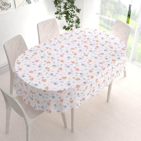 Biante Detský bavlnený oválny obrus Sandra SA-373 Veselé korytnačky na bielom 100x140 cm