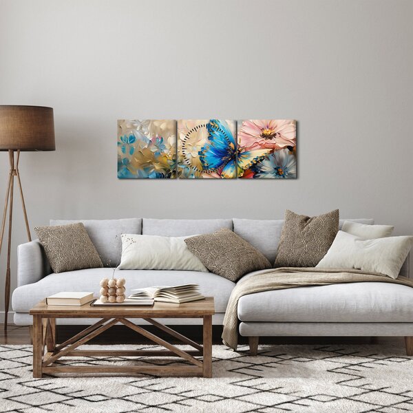 Obraz - Maľba kvetov a motýľov (s hodinami) (90x30 cm)
