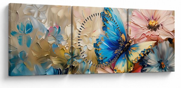 Obraz - Maľba kvetov a motýľov (s hodinami) (90x30 cm)