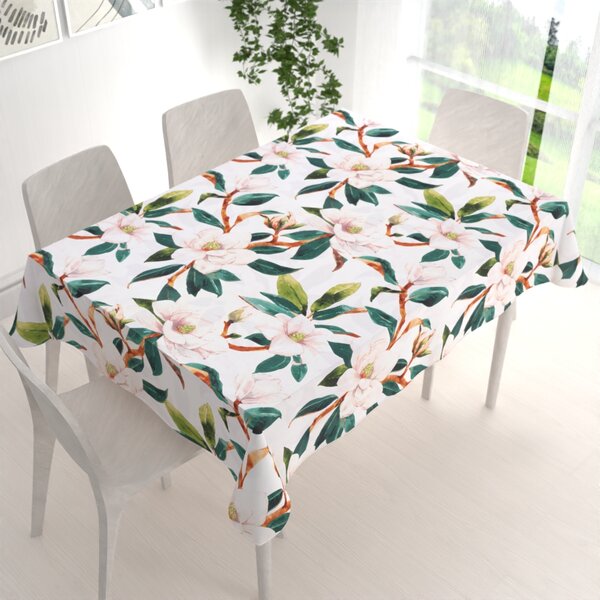 Biante Bavlnený obdĺžnikový obrus Sandra SA-293 Magnólia so zelenými listami na bielom 50x100 cm