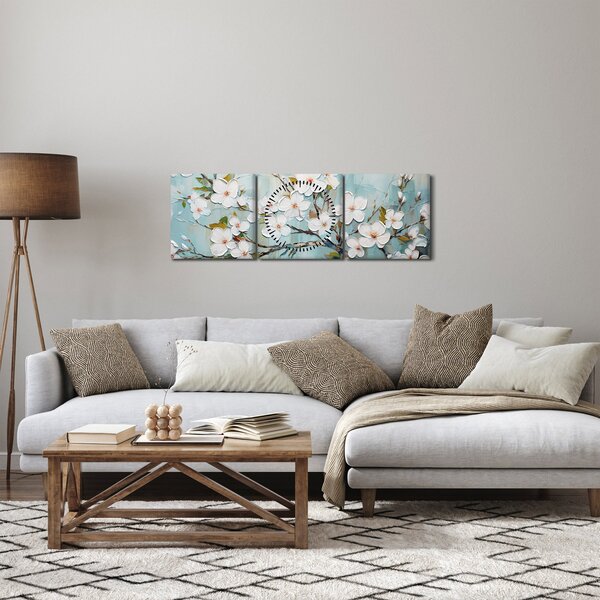 Obraz - Maľba, kvitnúce vetvy stromu (s hodinami) (90x30 cm)