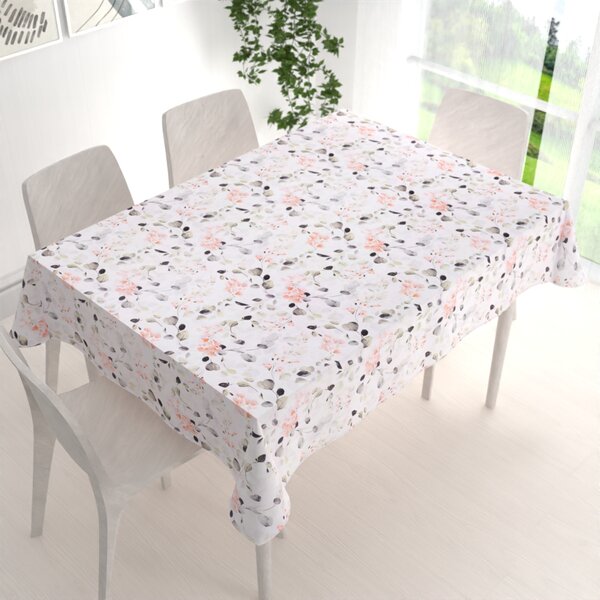 Biante Bavlnený obdĺžnikový obrus Sandra SA-288 Eukalyptus s ružovými kvetmi na bielom 50x100 cm
