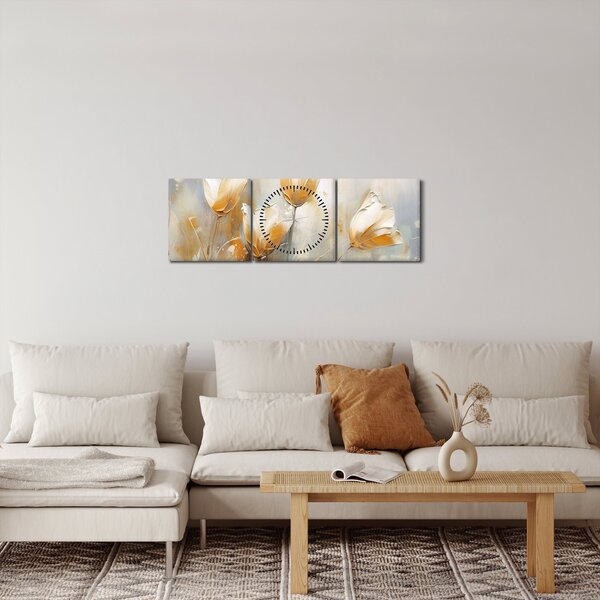 Obraz - Maľba tulipánov (s hodinami) (90x30 cm)
