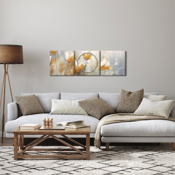 Obraz - Maľba tulipánov (s hodinami) (90x30 cm)