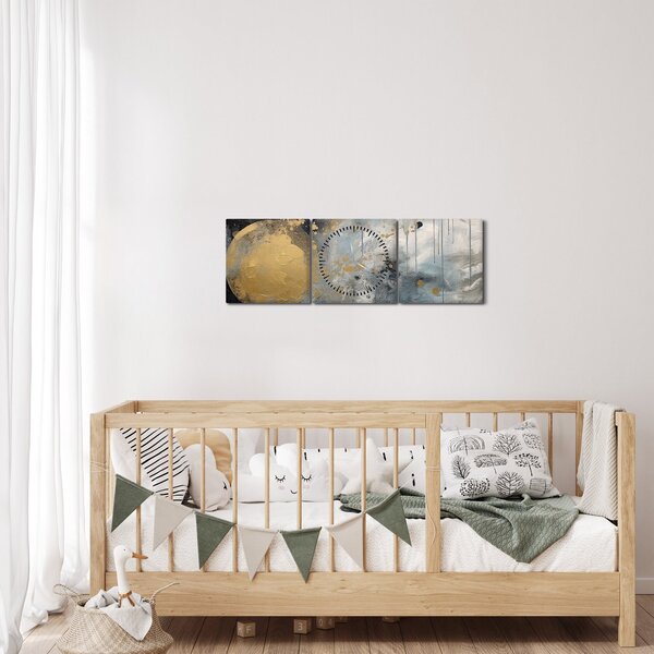 Obraz - Abstrakcia so zlatou guľou (s hodinami) (90x30 cm)