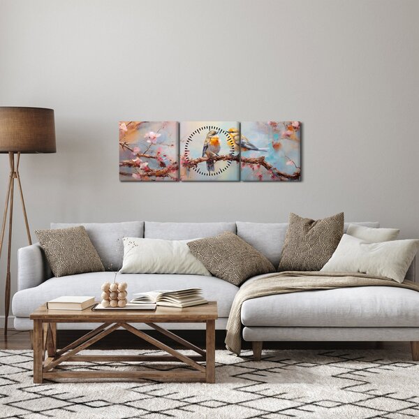 Obraz - Zamilovaní vtáčiky (s hodinami) (90x30 cm)