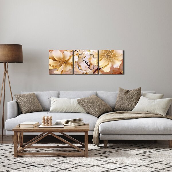 Obraz - Zlaté kvety (s hodinami) (90x30 cm)
