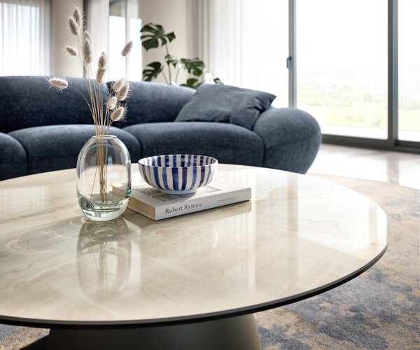 DELIFE Konferenčný stolík Edge okrúhly 100×100 cm keramika onyx champagne Borna titánová farba efekt
