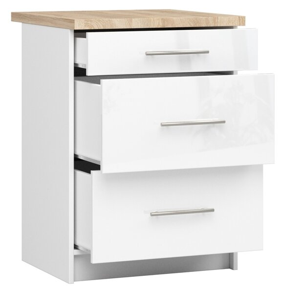Ak furniture Kuchynská skrinka Olivie S 60 cm 3S biela/biely lesk/dub sonoma
