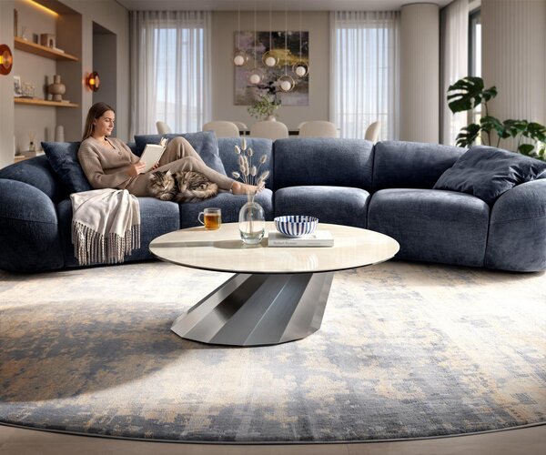 DELIFE Konferenčný stolík Edge okrúhly 100×100 cm keramika onyx šampanské parabi nerezová oceľ kefovaná