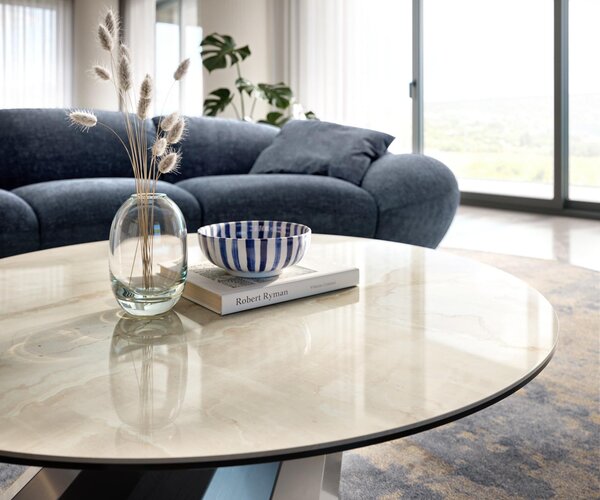 DELIFE Konferenčný stolík Edge okrúhly 100×100 cm keramika onyx šampanské parabi nerezová oceľ kefovaná