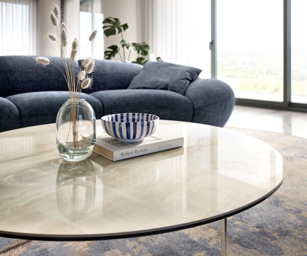 DELIFE Konferenčný stolík Edge okrúhly 100×100 cm keramika onyx šampanské Trive nerezová oceľ kefovaná