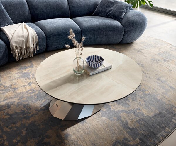 DELIFE Konferenčný stolík Edge okrúhly 100×100 cm keramika onyx šampanské parabi nerezová oceľ kefovaná
