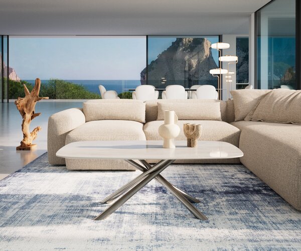 DELIFE Konferenčný stolík Edge zaoblený tvar 120×70 cm keramika onyx šampanské Sarity nerezová oceľ kefovaná