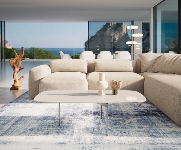DELIFE Konferenčný stolík Edge zaoblený 120×70 cm keramika onyx šampanské Trive nerezová oceľ kefovaná