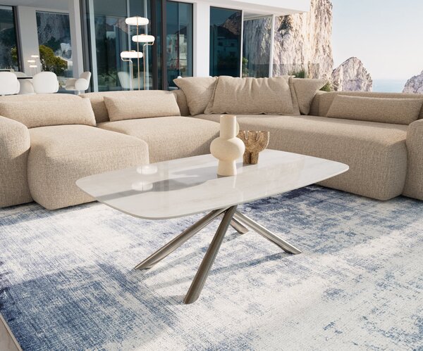 DELIFE Konferenčný stolík Edge zaoblený tvar 120×70 cm keramika onyx šampanské Sarity nerezová oceľ kefovaná