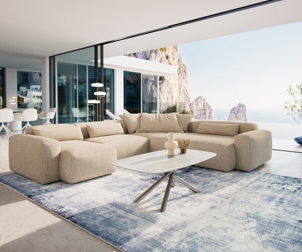 DELIFE Konferenčný stolík Edge zaoblený tvar 120×70 cm keramika onyx šampanské Sarity nerezová oceľ kefovaná