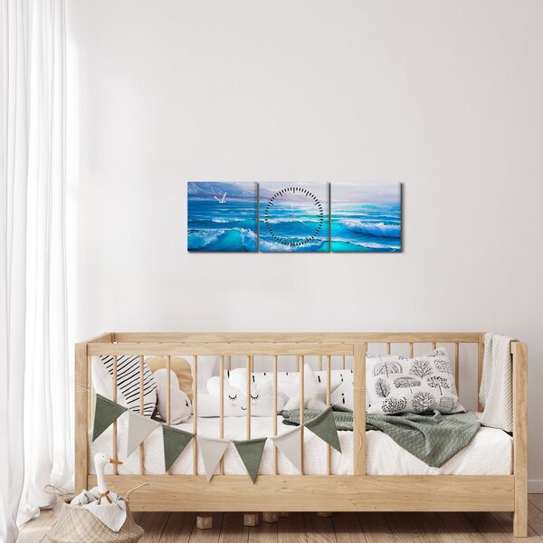 Obraz - Olejomaľba mora s čajkami (s hodinami) (90x30 cm)