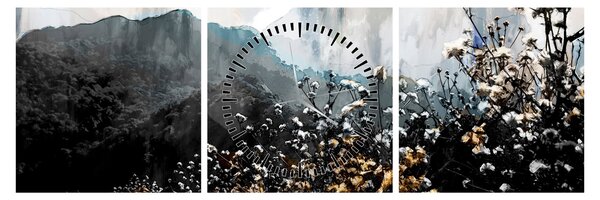 Obraz - Ilustrácie divokých kvetov (s hodinami) (90x30 cm)