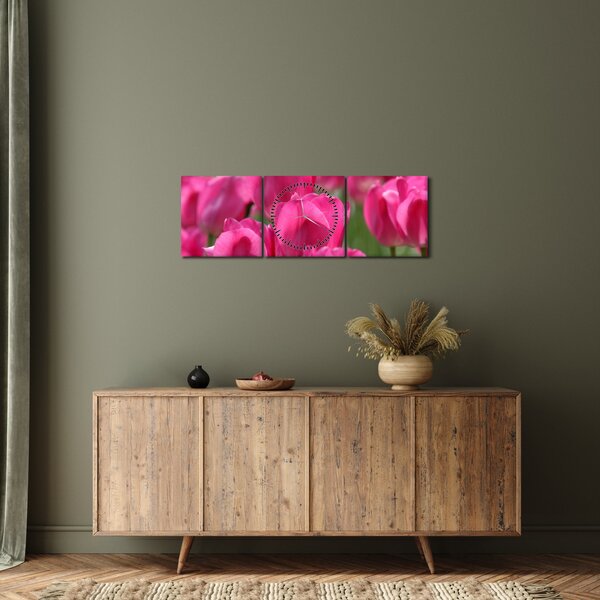 Obraz - Ružové tulipány (s hodinami) (90x30 cm)