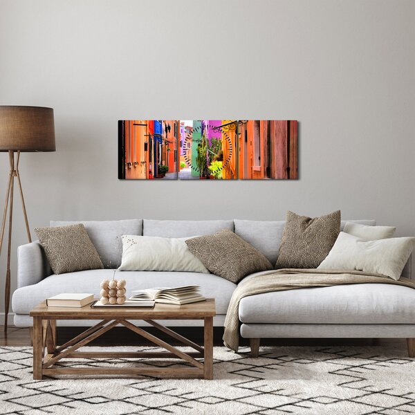Obraz - Farebné domy v Burane, Benátky (s hodinami) (90x30 cm)