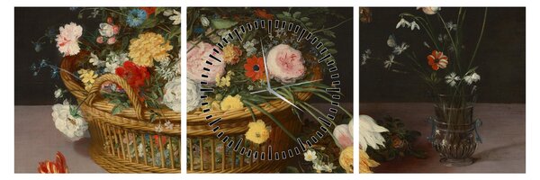 Obraz - Jan Brueghel the Elder, Flowers in a Basket and a Vase, reprodukcia (s hodinami) (90x30 cm)