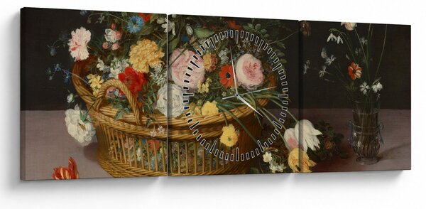 Obraz - Jan Brueghel the Elder, Flowers in a Basket and a Vase, reprodukcia (s hodinami) (90x30 cm)