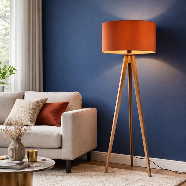 Drevená stojaca lampa s oranžovým tienidlom a zlatým interiérom 50 cm - Tripod Classic