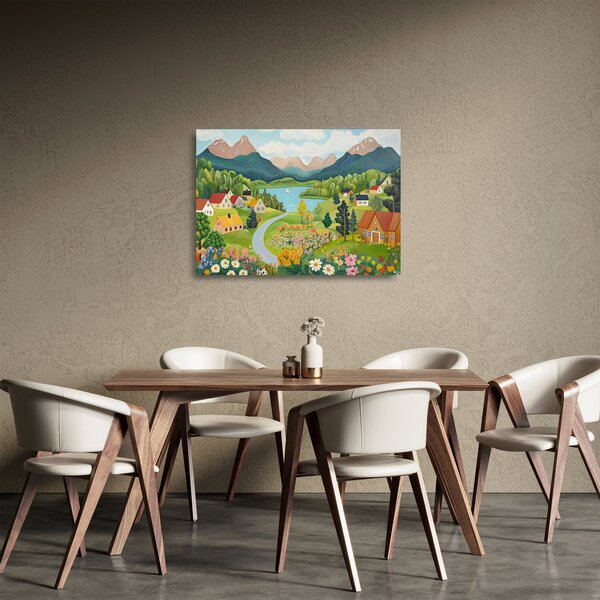 Sklenený obraz - Dedina v horách (70x50 cm)