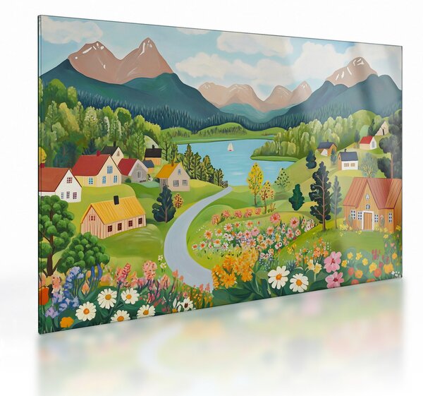 Sklenený obraz - Dedina v horách (70x50 cm)