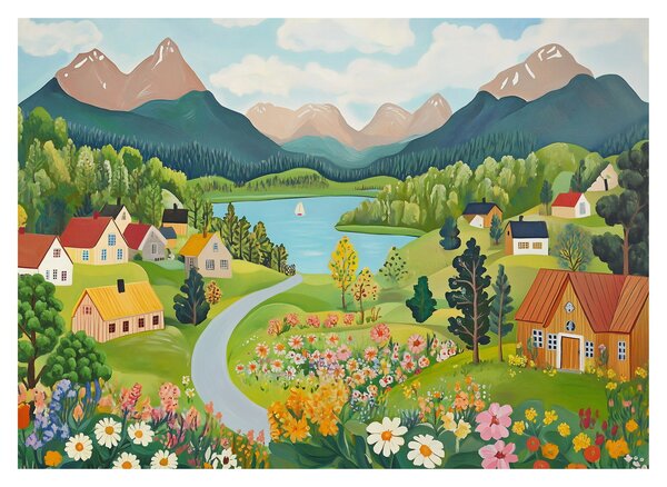Sklenený obraz - Dedina v horách (70x50 cm)