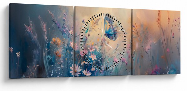 Obraz - Lúka s motýľom (s hodinami) (90x30 cm)