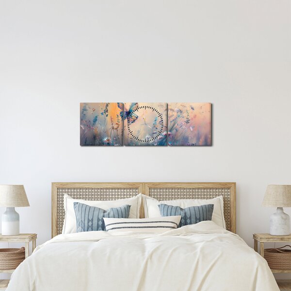 Obraz - Lúka s motýľom II. (s hodinami) (90x30 cm)