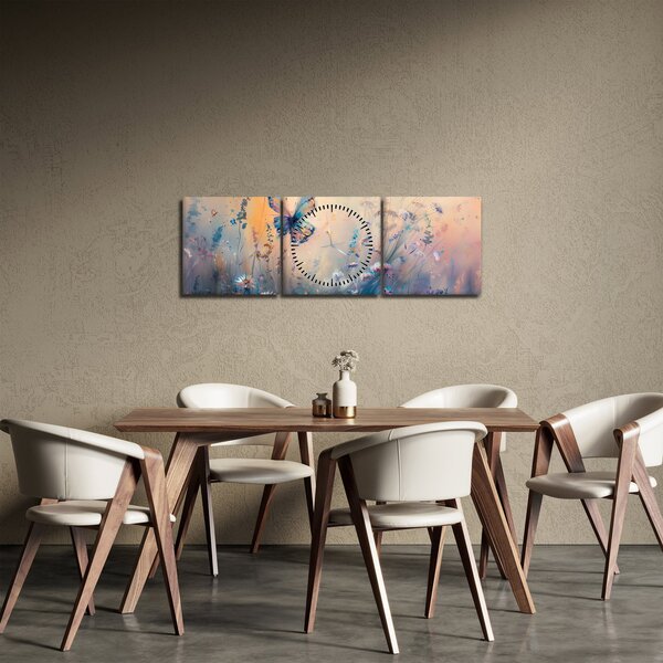 Obraz - Lúka s motýľom II. (s hodinami) (90x30 cm)