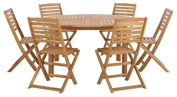 7-dielna záhradná jedálenská súprava z ľahkého akáciového dreva okrúhly stôl a 6 skladacích lamelových stoličiek