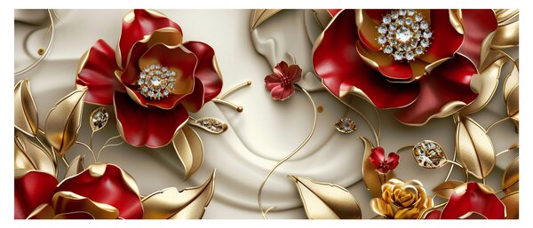 Obraz - 3D Červeno-zlaté kvety (120x50 cm)
