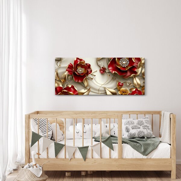 Obraz - 3D Červeno-zlaté kvety (120x50 cm)