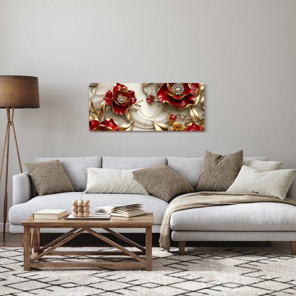 Obraz - 3D Červeno-zlaté kvety (120x50 cm)