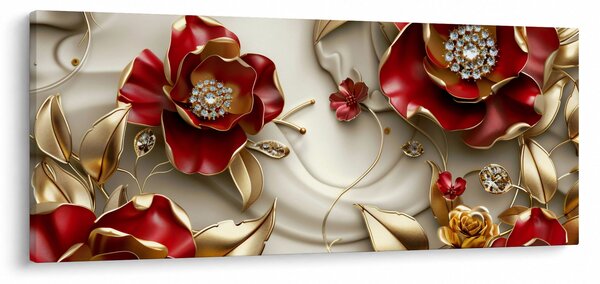 Obraz - 3D Červeno-zlaté kvety (120x50 cm)