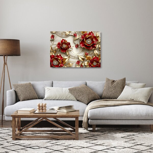Sklenený obraz - 3D Červeno-zlaté kvety (70x50 cm)