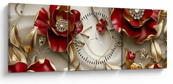 Obraz - 3D Červeno-zlaté kvety (s hodinami) (90x30 cm)