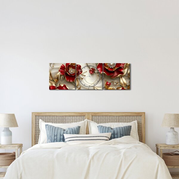 Obraz - 3D Červeno-zlaté kvety (s hodinami) (90x30 cm)