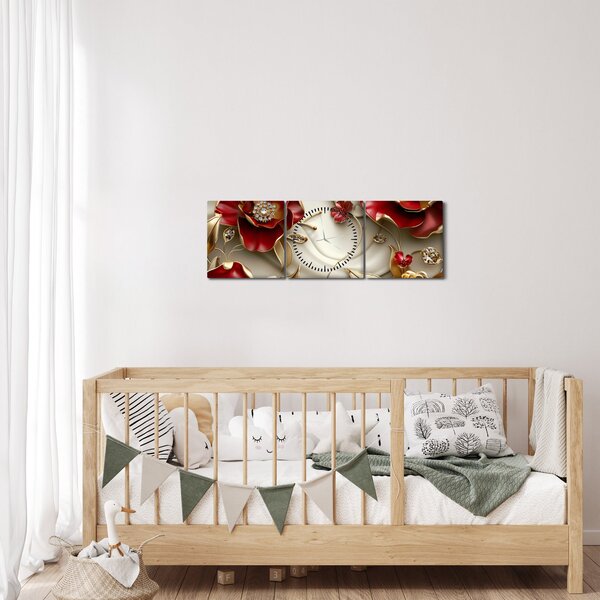 Obraz - 3D Červeno-zlaté kvety (s hodinami) (90x30 cm)